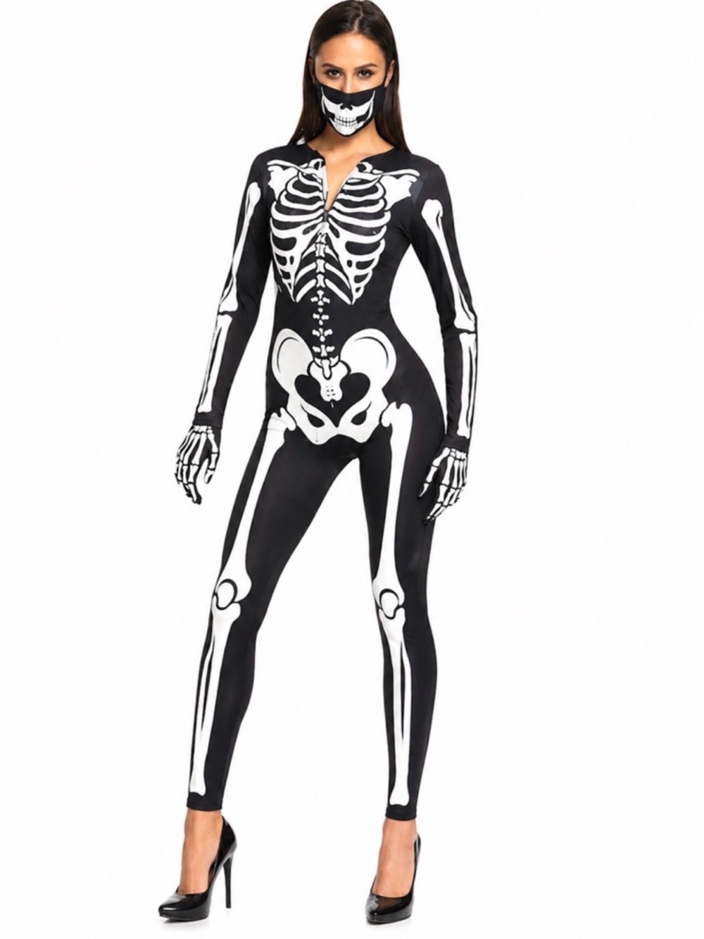 Skeleton woman’s XL Jumpsuit WITH Costume with Mask & Gloves EUC